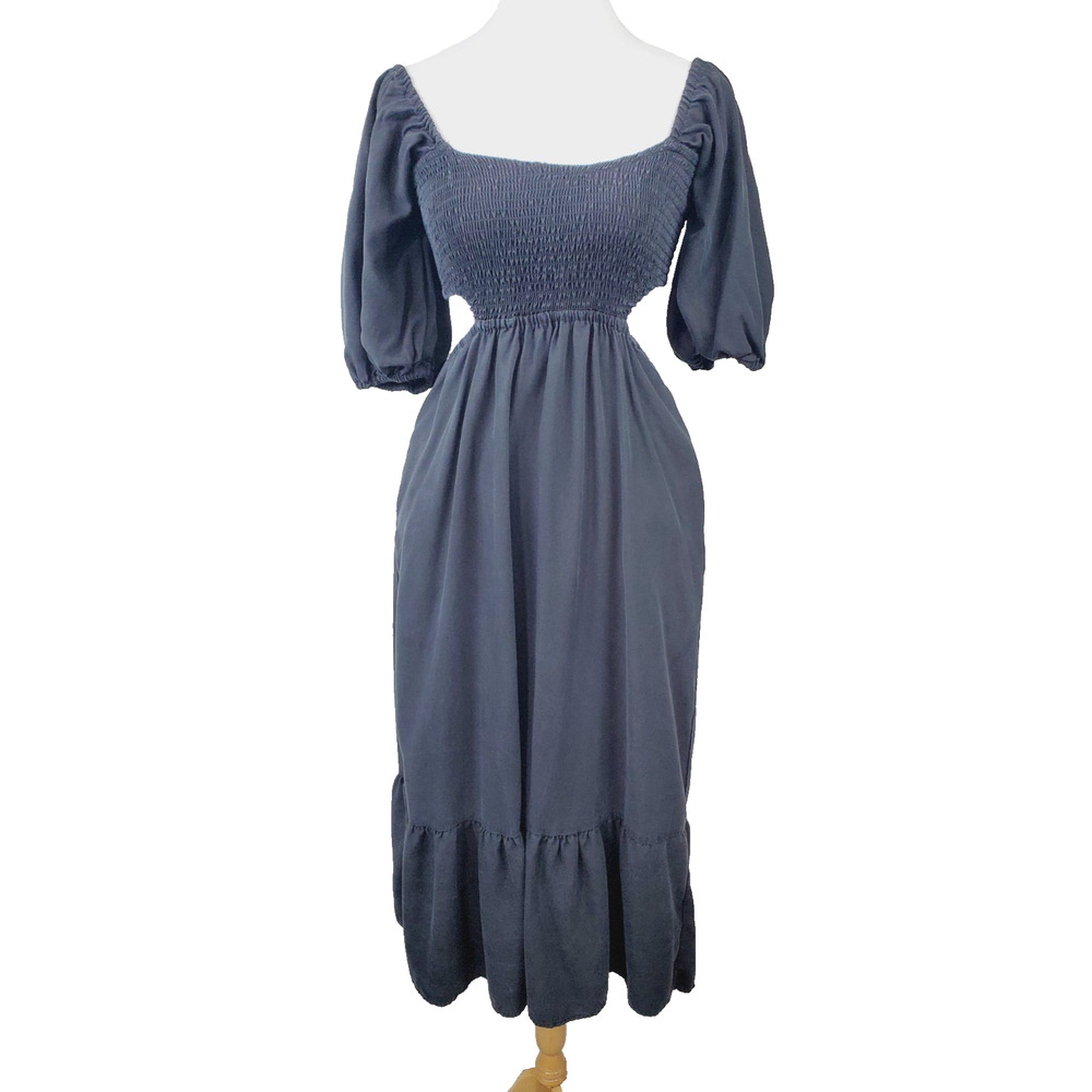 OPT Womens Small BLACK DRESS Puff Sleeve Cut-Out Smocked Midi Pockets Tencel